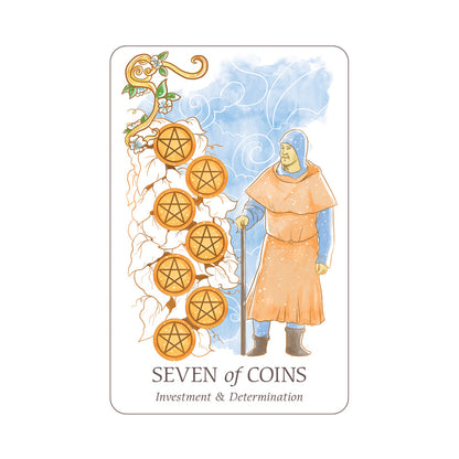 Tarot card titled 'Seven of Coins' with a figure and coins on a white background