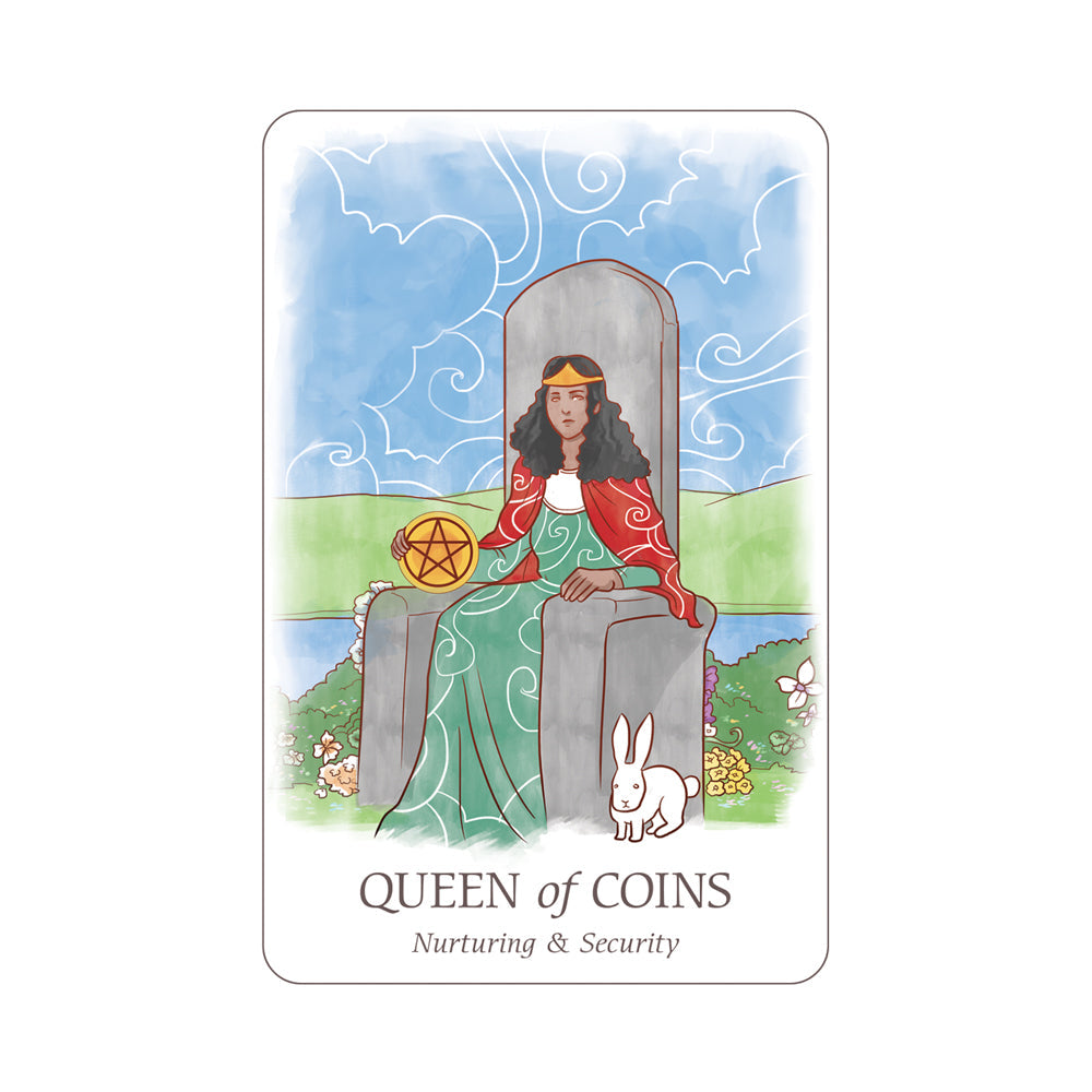 Card featuring the 'Queen of Coins' from a tarot card deck, with a person sitting on a throne and a rabbit at her feet.