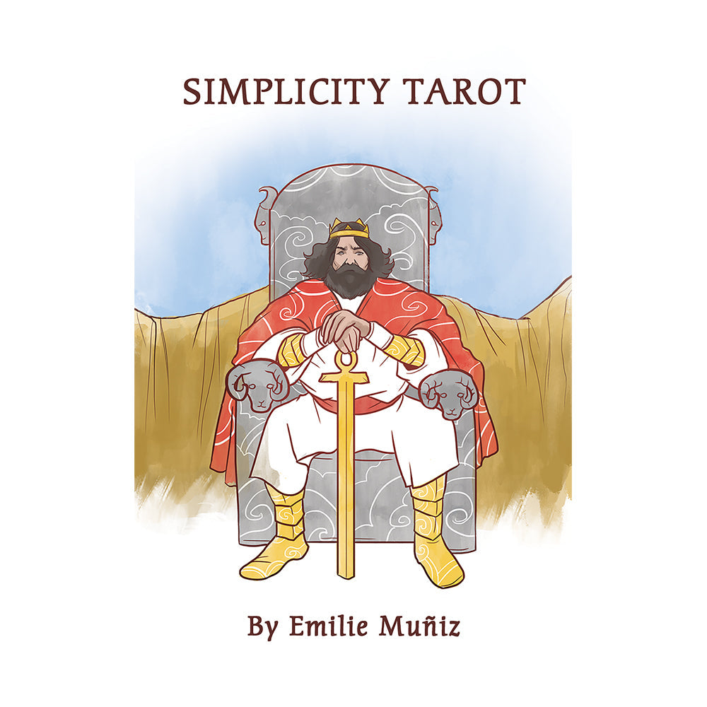 Book cover of 'Simplicity Tarot' by Emilie Muñiz featuring a character on a throne.