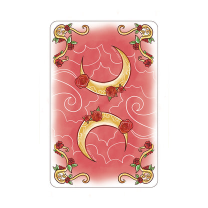 Decorative card with gold crescent moons and red roses on a pink background