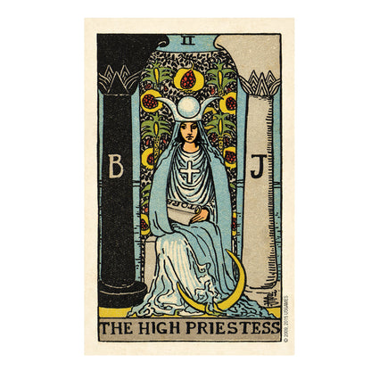 Tarot card featuring 'The High Priestess' with a woman in robes and a crown, surrounded by symbols and text.