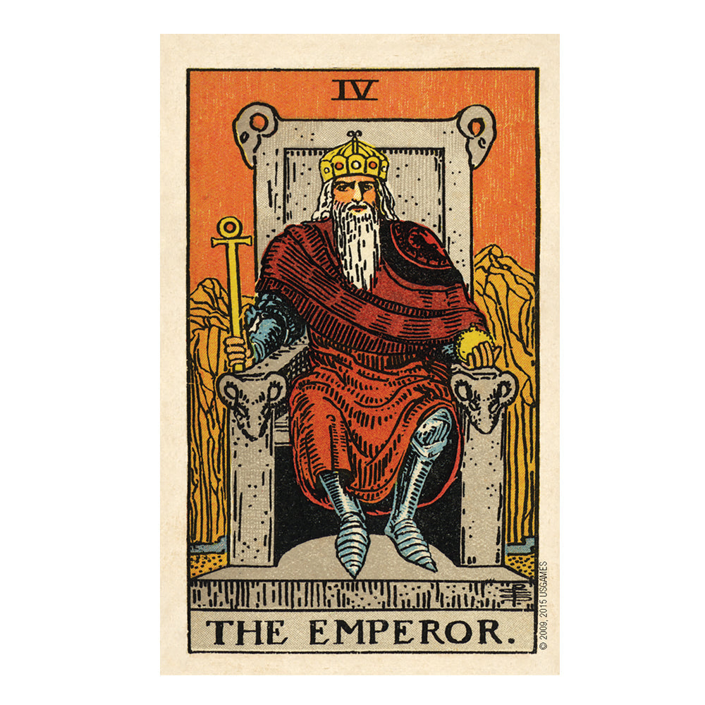 Tarot card featuring 'The Emperor' with a bearded figure in regal attire on a throne.