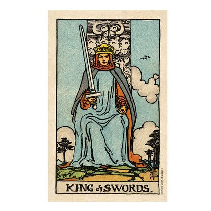 Tarot card featuring the 'King of Swords' with a figure holding a sword against a scenic background.