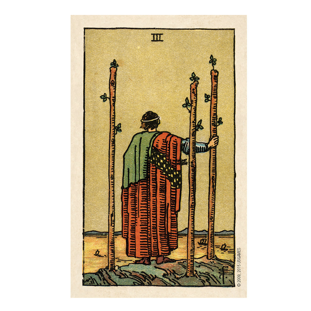 Tarot card 3 of Wands with a figure holding 3 long sticks staring out at the ocean on a beige background
