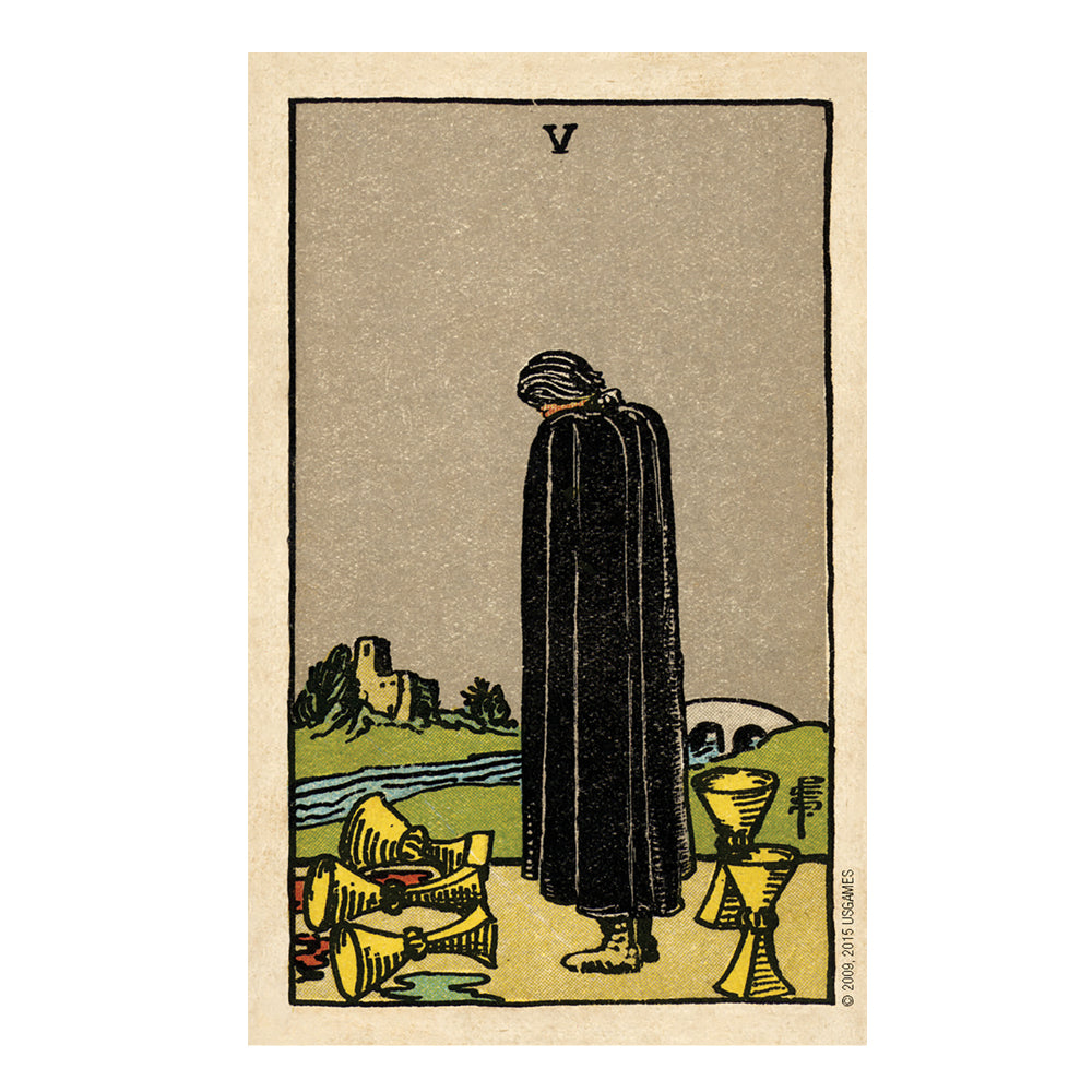 Vintage-style tarot card 5 of cups with a cloaked figure and hourglass, on a beige background.
