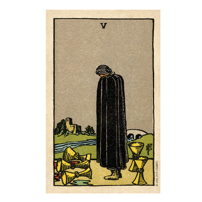 Vintage-style tarot card 5 of cups with a cloaked figure and hourglass, on a beige background.