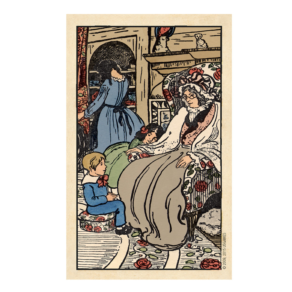 Vintage-style illustration of a family scene with a woman, child, and boy in a room.