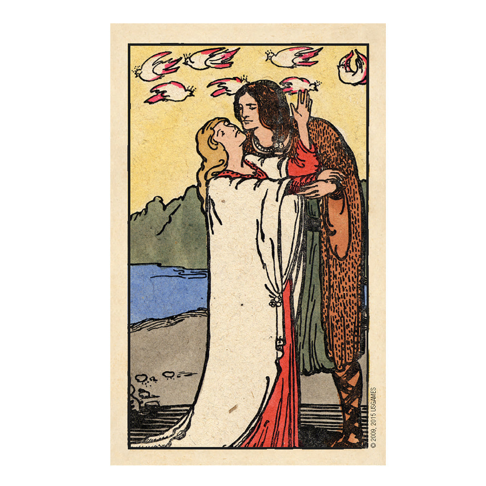 Vintage-style illustration of a couple embracing with birds flying above, set against a scenic background.