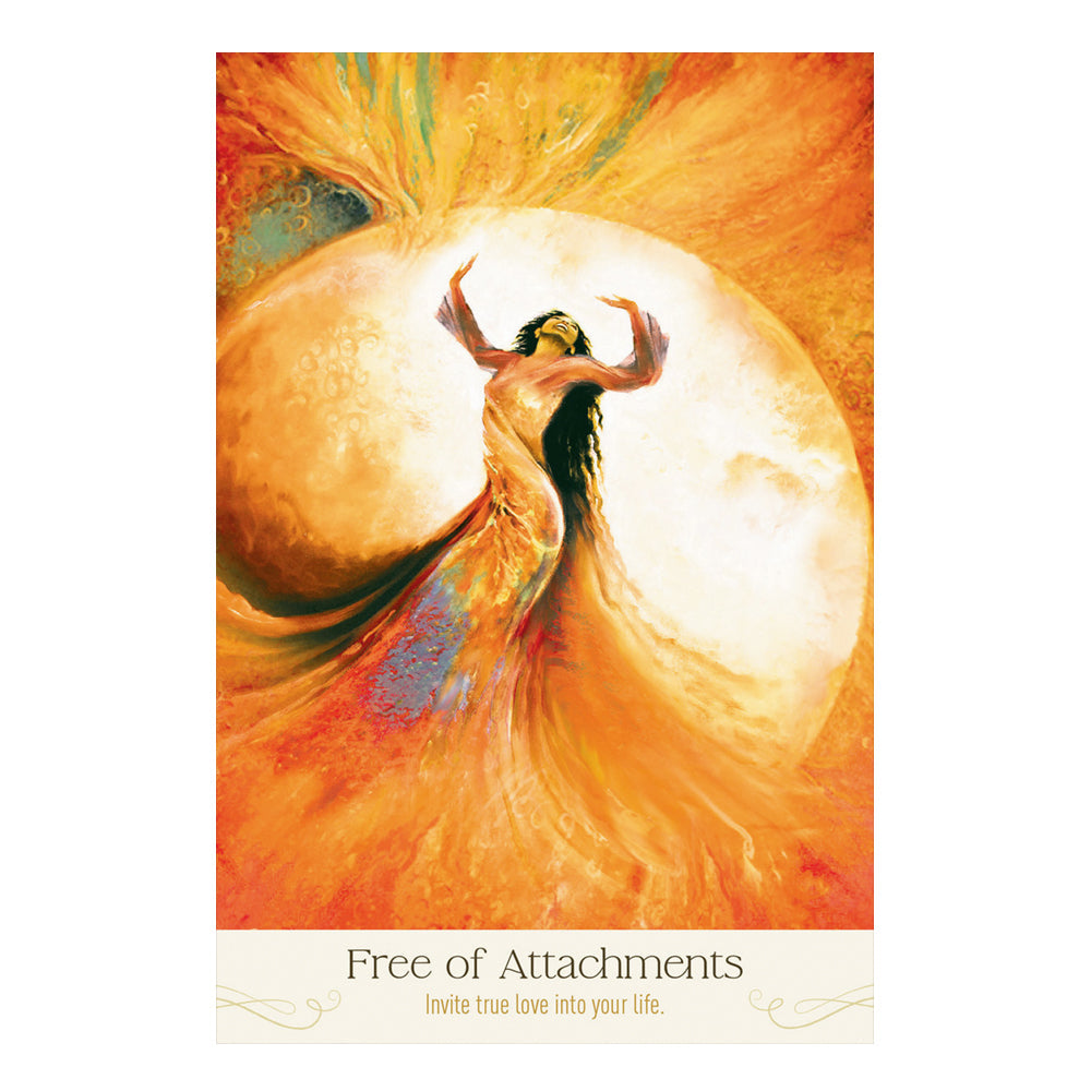 Artistic depiction of a person with outstretched arms against a vibrant, swirling background with text 'Free of Attachments'.
