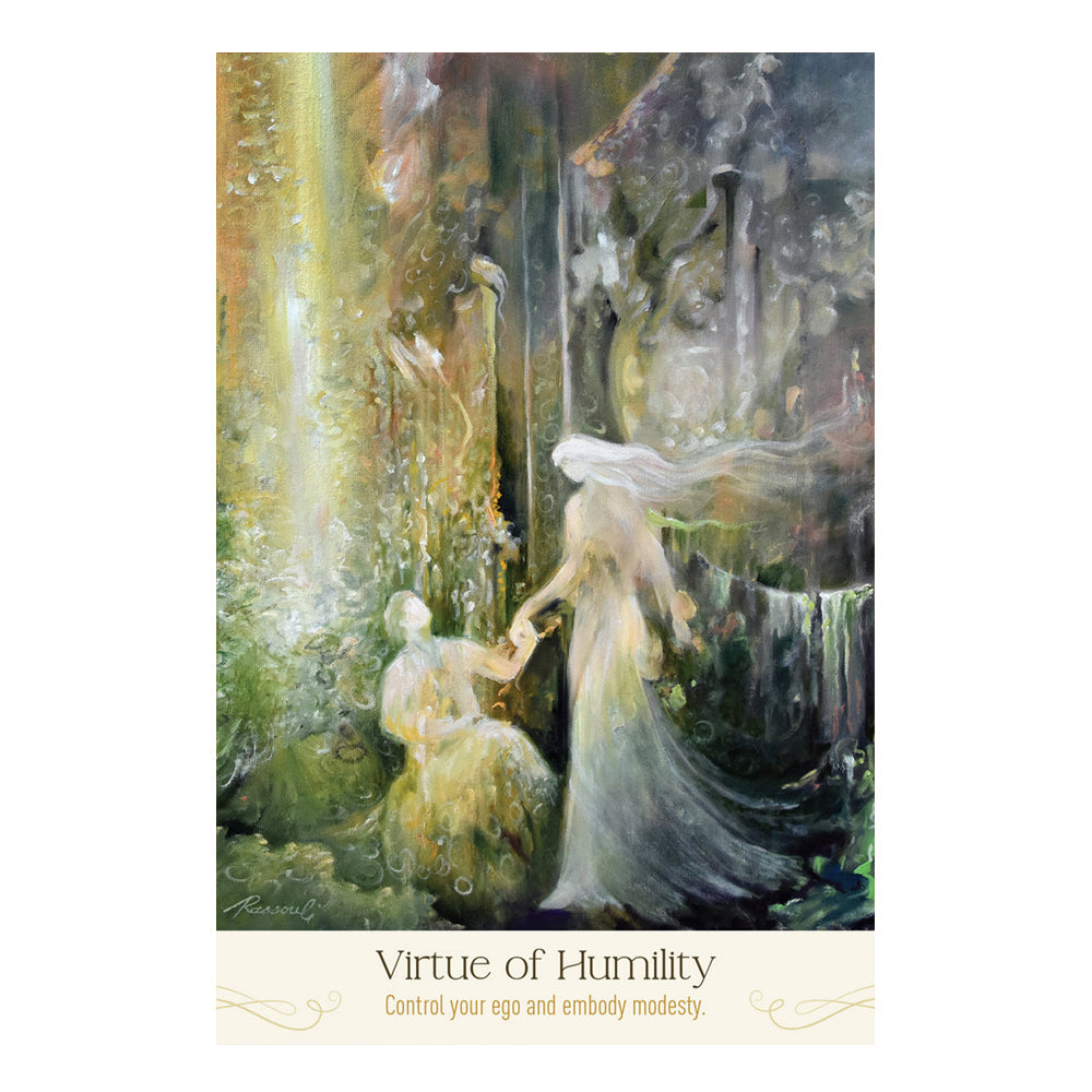 Artistic depiction of two figures in a natural setting with text 'Virtue of Humility'.