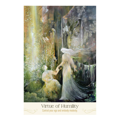 Artistic depiction of two figures in a natural setting with text 'Virtue of Humility'.
