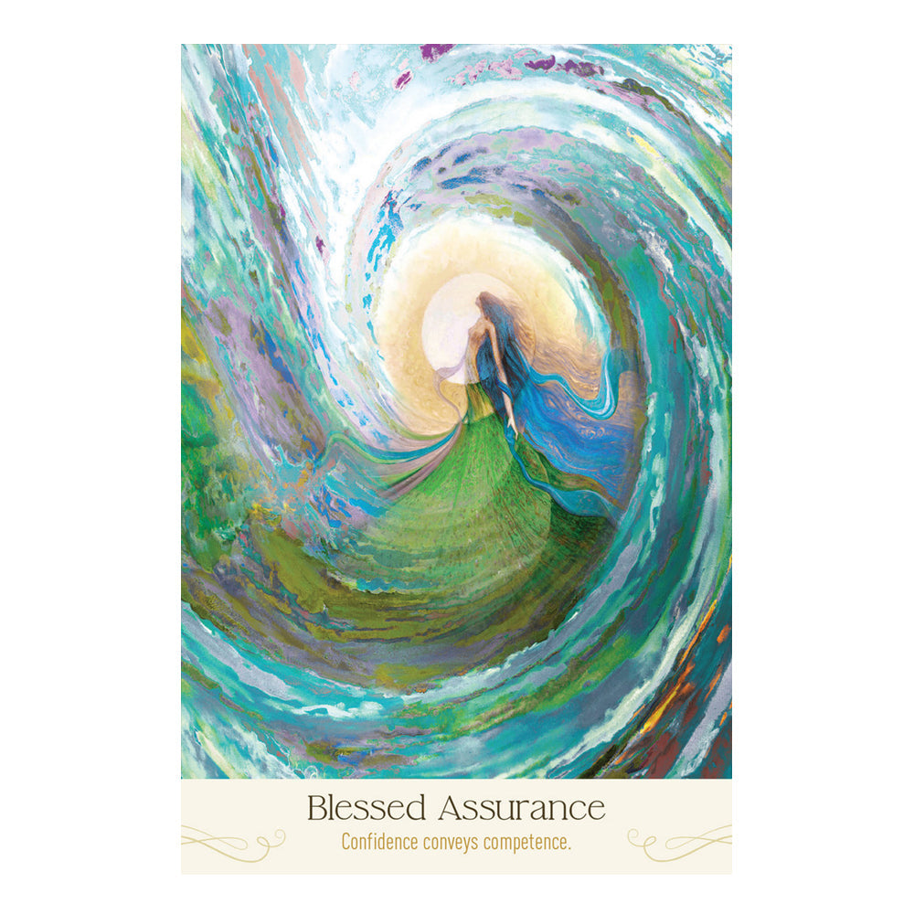 Colorful abstract design with swirling patterns and text 'Blessed Assurance' on a white background