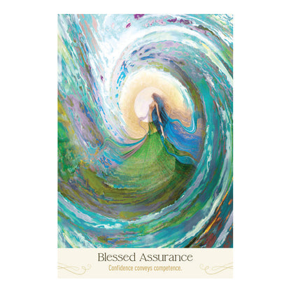 Colorful abstract design with swirling patterns and text 'Blessed Assurance' on a white background