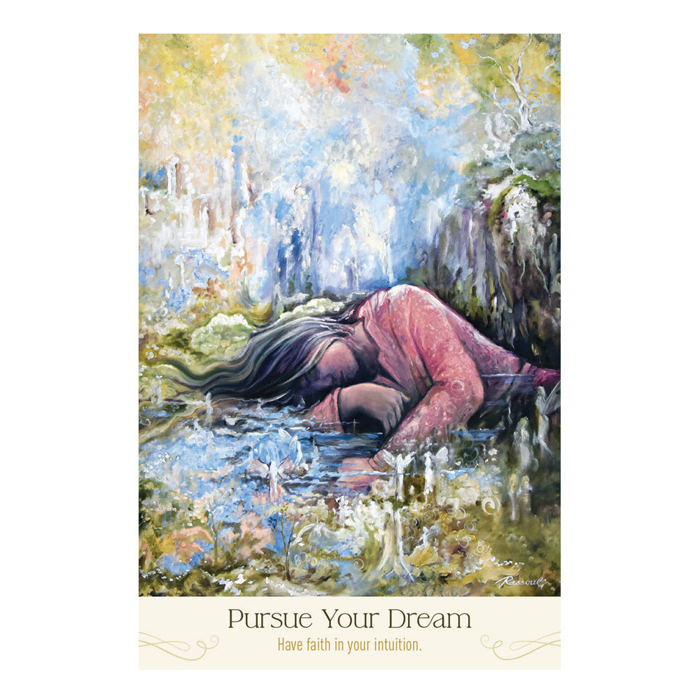 Painting of a person lying on the ground with text 'Pursue Your Dream' and 'Have faith in your intuition'.