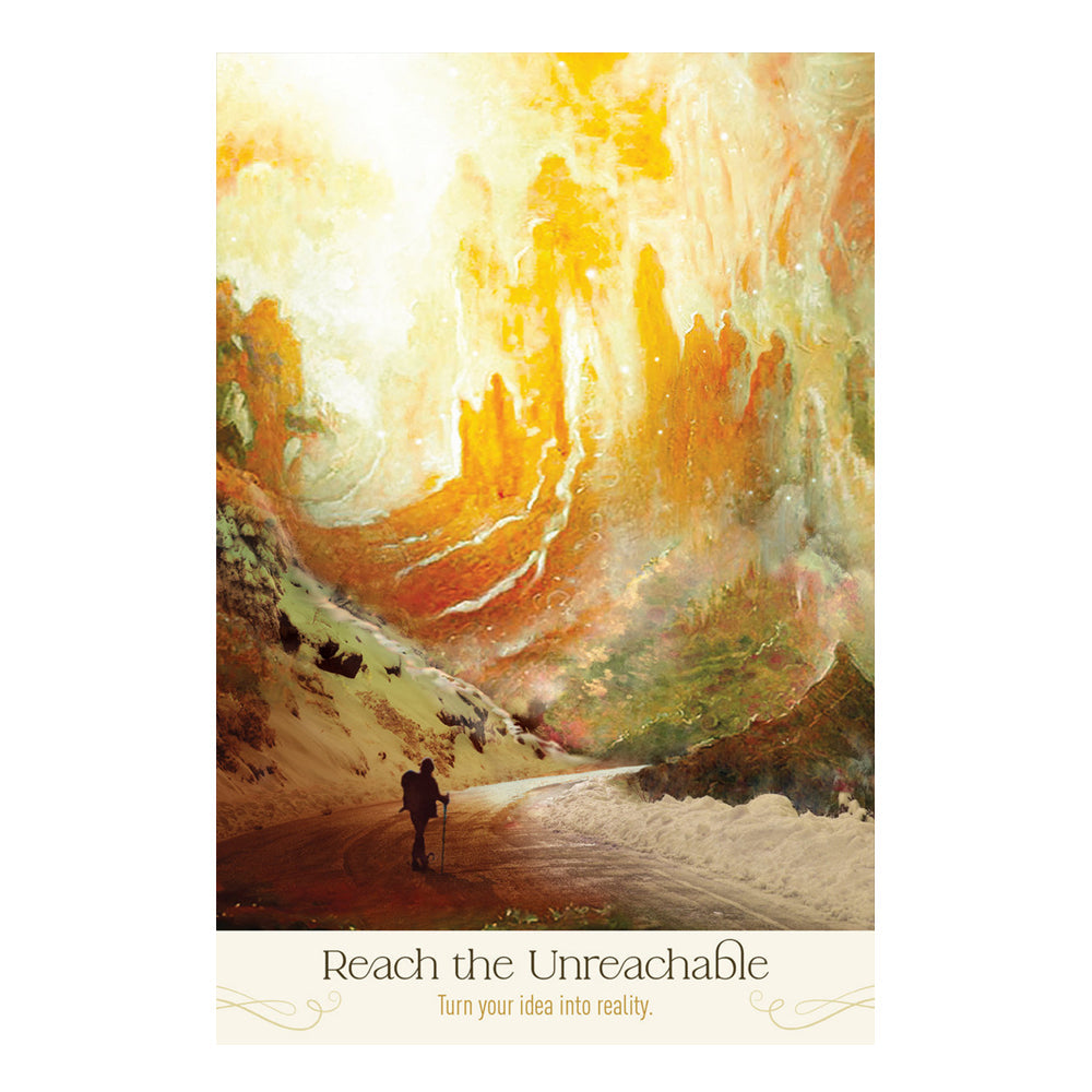 Person walking towards a large, fiery mountain with 'Reach the Unreachable' text at the bottom.