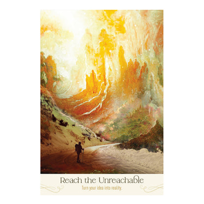 Person walking towards a large, fiery mountain with 'Reach the Unreachable' text at the bottom.