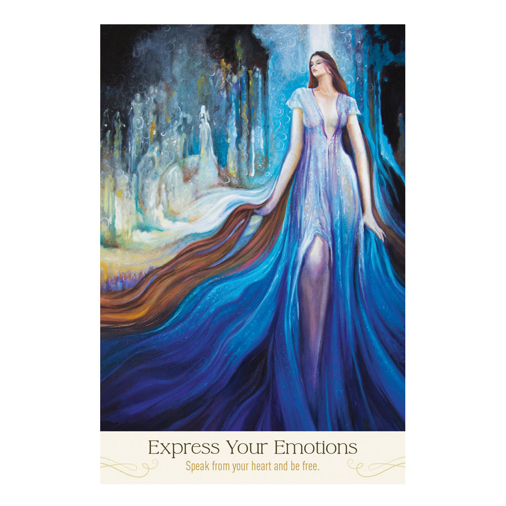 Woman in a flowing blue dress with long hair in a mystical forest setting, with text 'Express Your Emotions'.