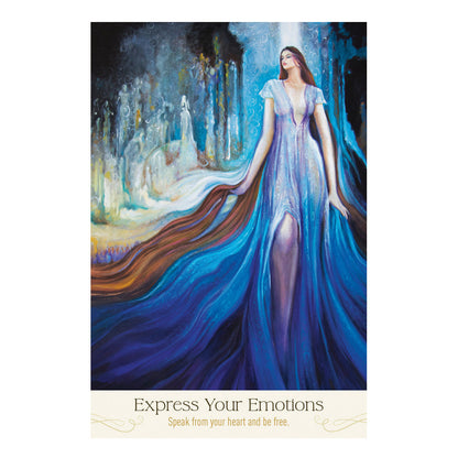 Woman in a flowing blue dress with long hair in a mystical forest setting, with text 'Express Your Emotions'.