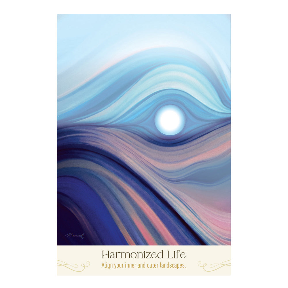 Abstract design with wavy patterns and a central light circle, titled 'Harmonized Life'.