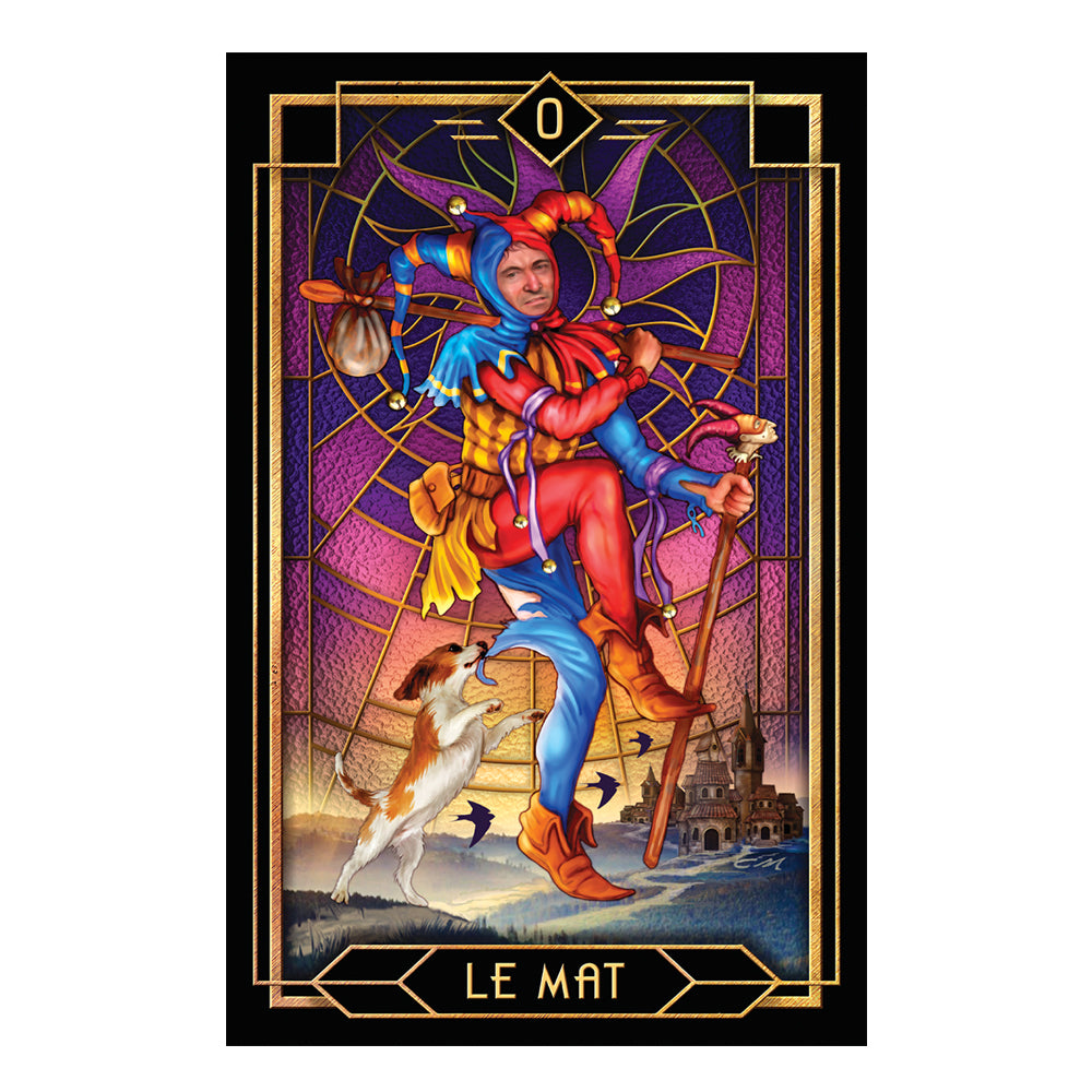Tarot card featuring a jester character with a dog and stained glass design - 0 Le Mat