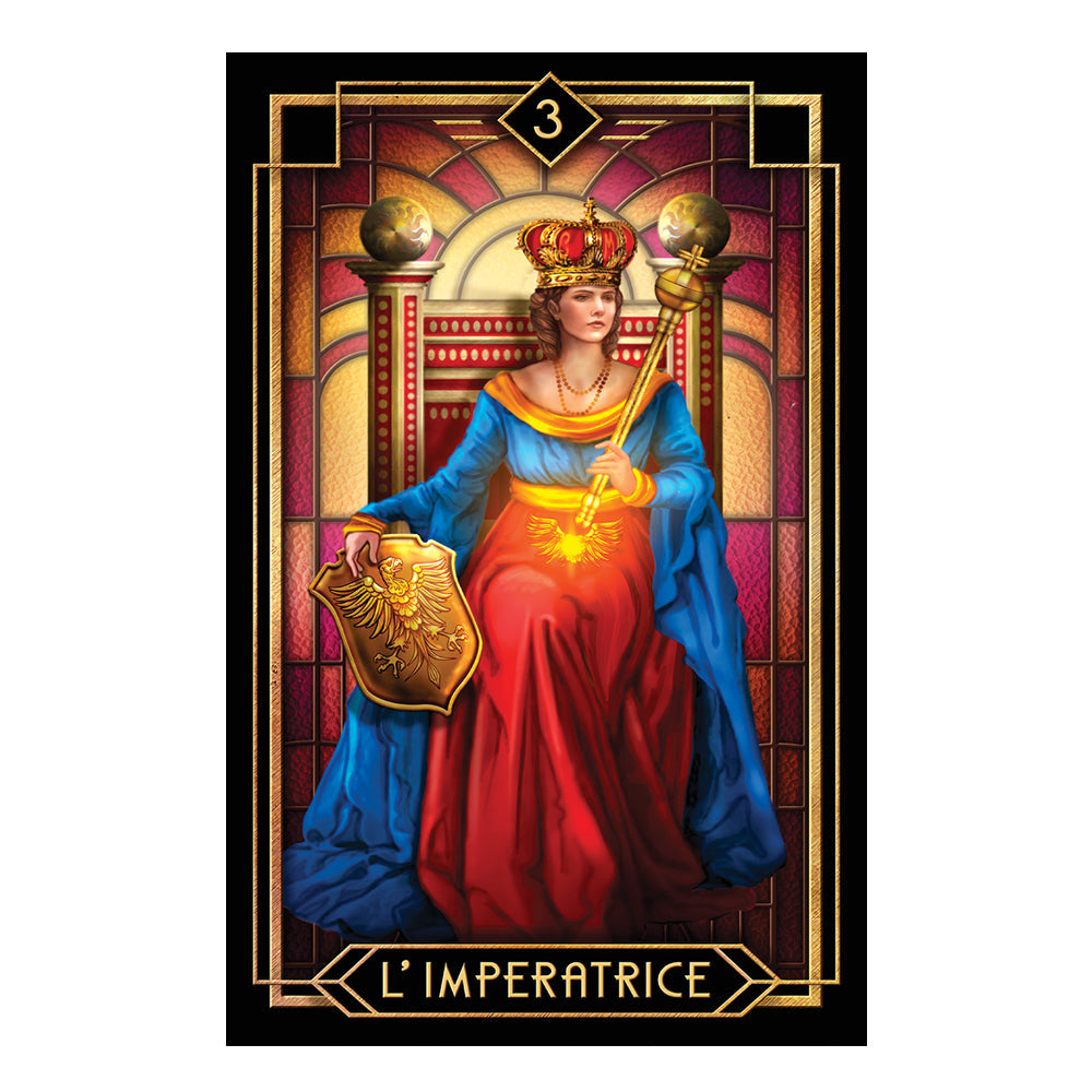 Tarot card featuring 'L'Imperatrice' with a woman in regal attire holding a scepter and shield.