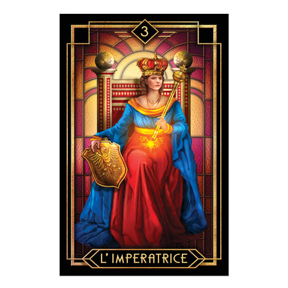 Tarot card featuring 'L'Imperatrice' with a woman in regal attire holding a scepter and shield.