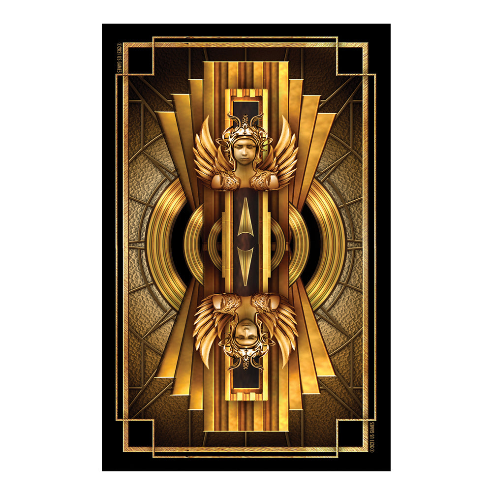 Decorative poster with gold and black art deco design featuring a central figure with wings.