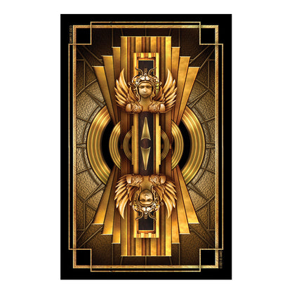 Decorative poster with gold and black art deco design featuring a central figure with wings.