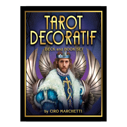 Cover of 'Tarot Decoratif' deck and book set with illustrated character and Ciro Marchetti's name.