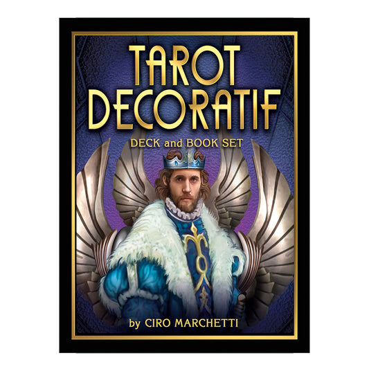 Cover of 'Tarot Decoratif' deck and book set with illustrated character and Ciro Marchetti's name.