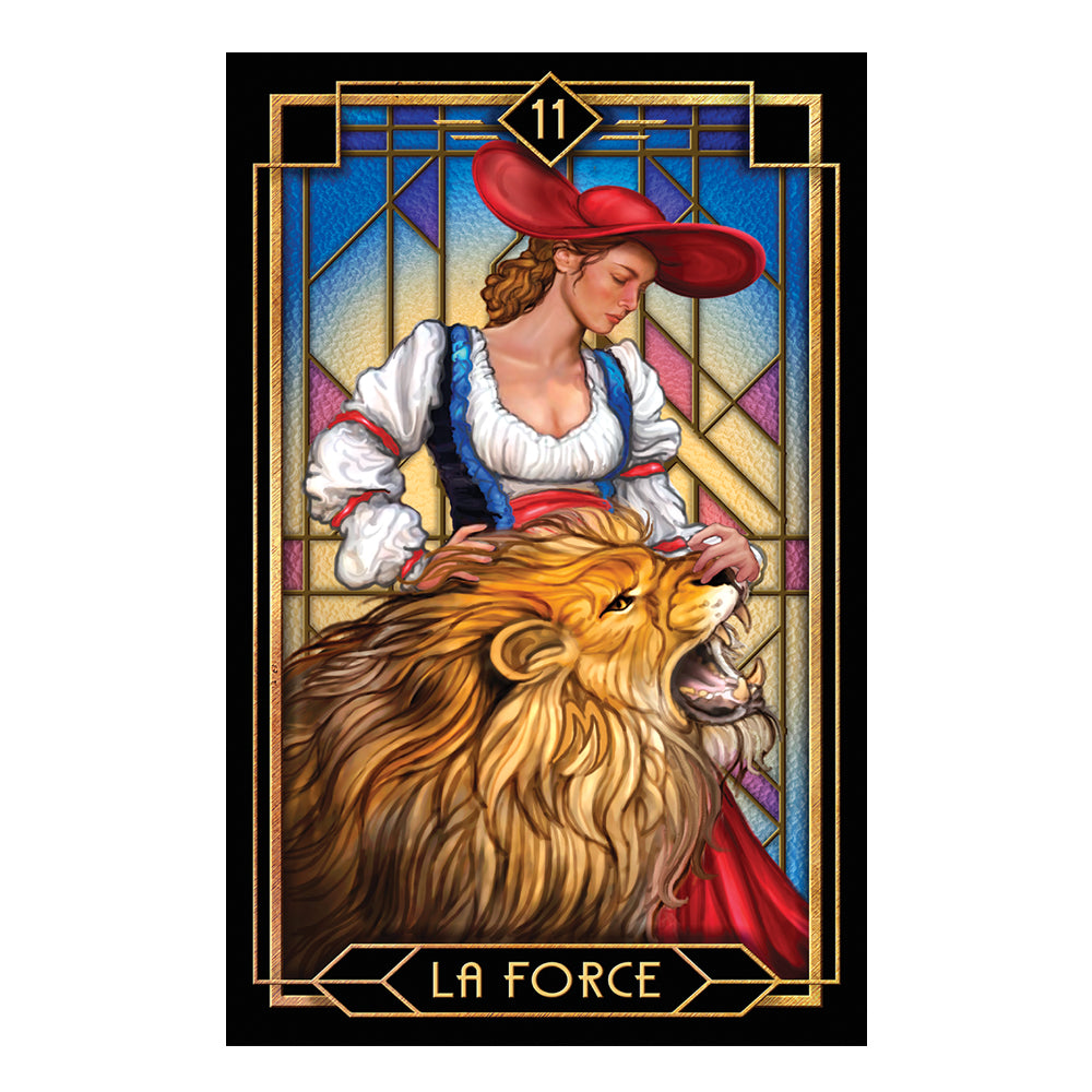Stylized illustration of a woman with a red hat and a roaring lion, labeled 'La Force', in a decorative frame.