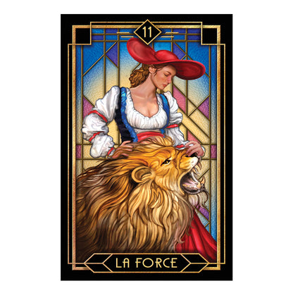 Stylized illustration of a woman with a red hat and a roaring lion, labeled 'La Force', in a decorative frame.