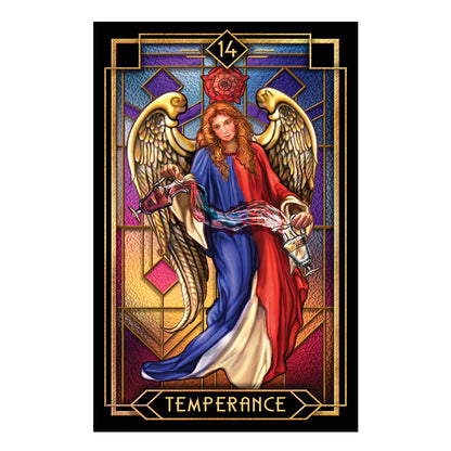 Tarot card featuring an angelic figure with wings, holding scales and a pitcher, labeled 'Temperance'.