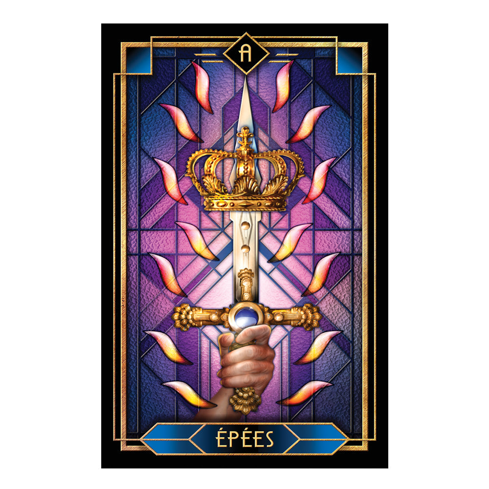 Decorative card with a sword and crown design on a purple and blue background - A - Epees