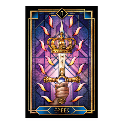 Decorative card with a sword and crown design on a purple and blue background - A - Epees