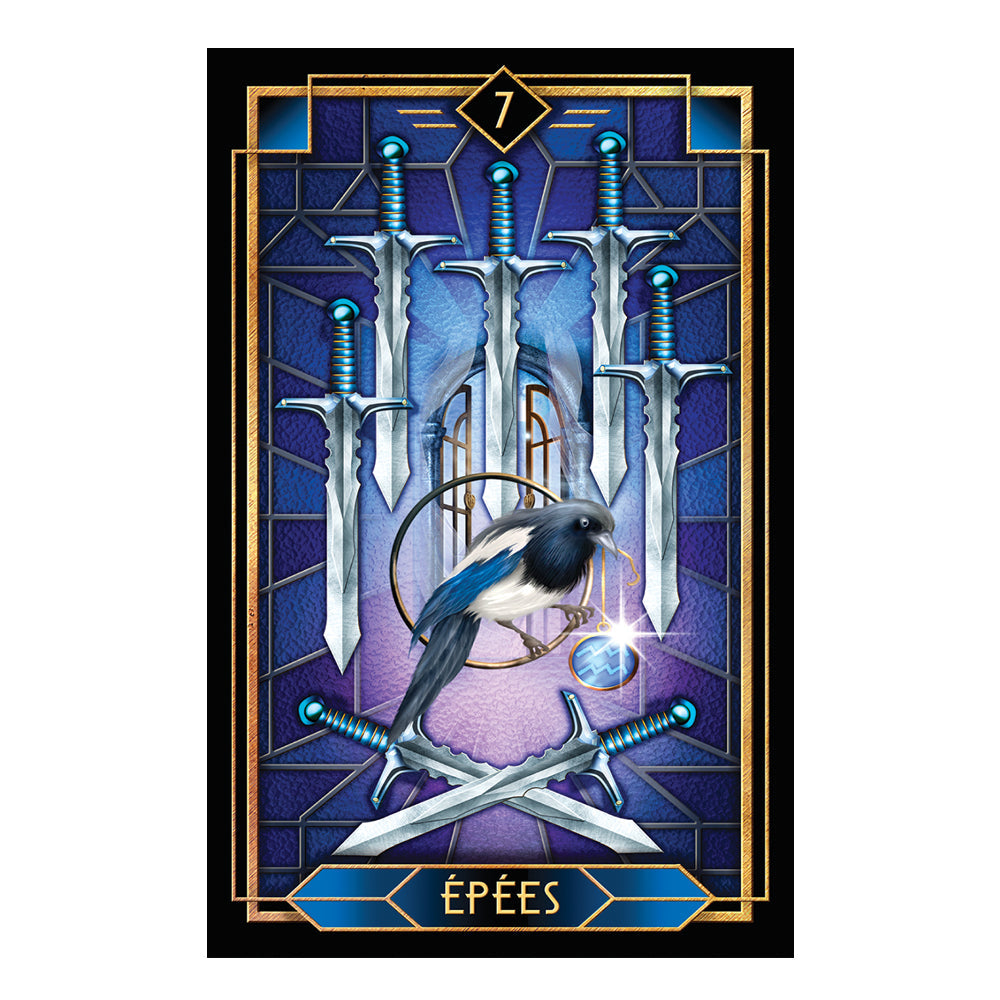Card with swords and a bird, featuring the word 'Epées' on a blue and purple background.