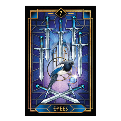 Card with swords and a bird, featuring the word 'Epées' on a blue and purple background.