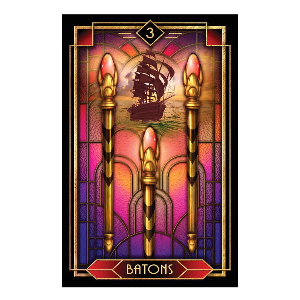 Decorative card with batons and a ship, styled like stained glass, on a white background - 3 Batons