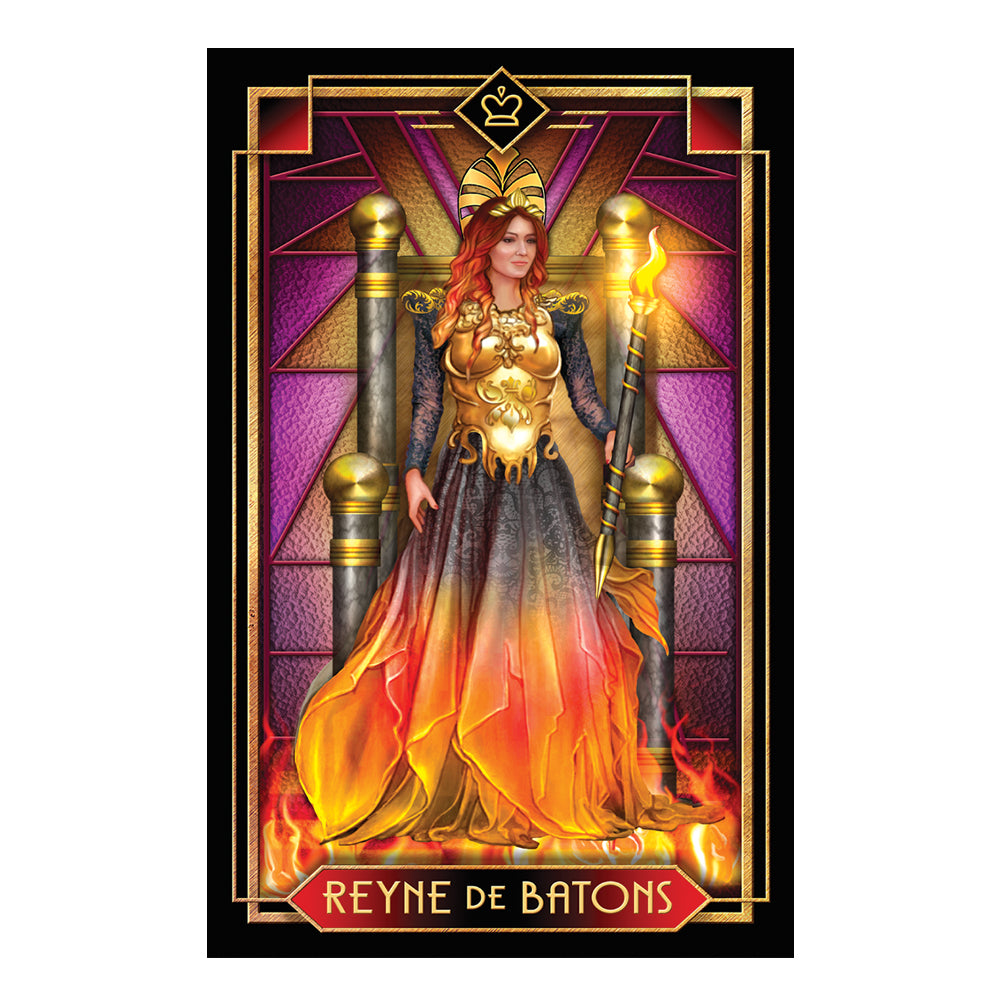 Tarot card featuring a character named 'Reyne de Batons' with a fiery design and ornate border.