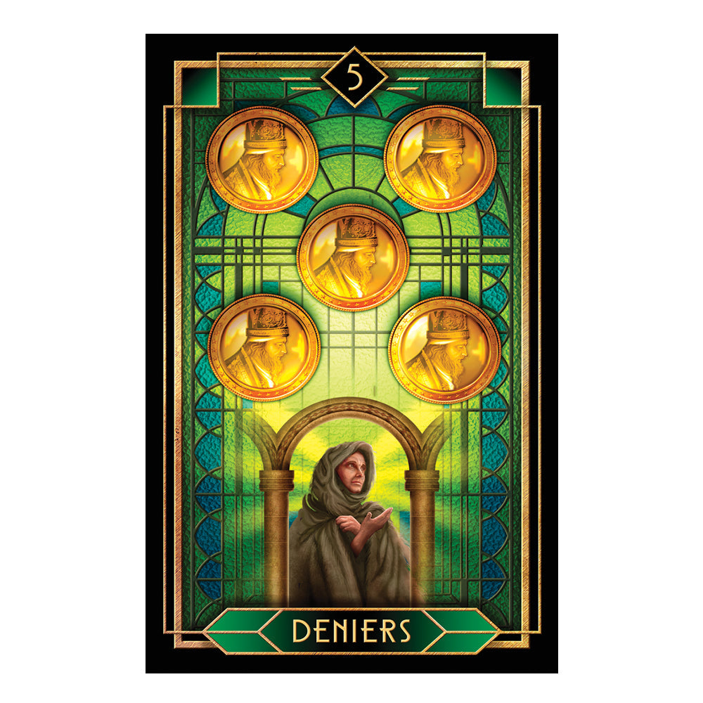 Stylized card with gold coins and a figure in a green and blue frame - 5 Deniers