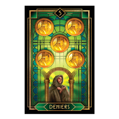 Stylized card with gold coins and a figure in a green and blue frame - 5 Deniers