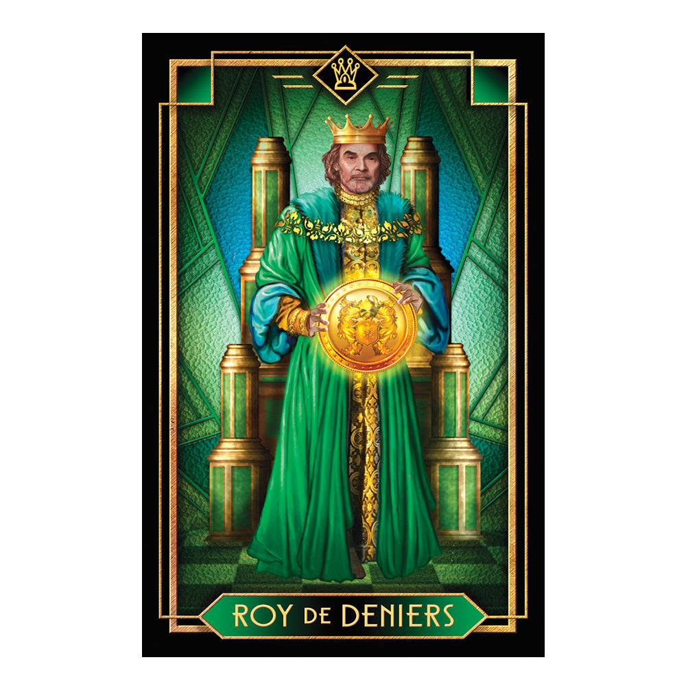 Card featuring a king in a green robe holding a gold orb, with 'Roy de Deniers' at the bottom.