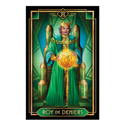 Card featuring a king in a green robe holding a gold orb, with 'Roy de Deniers' at the bottom.