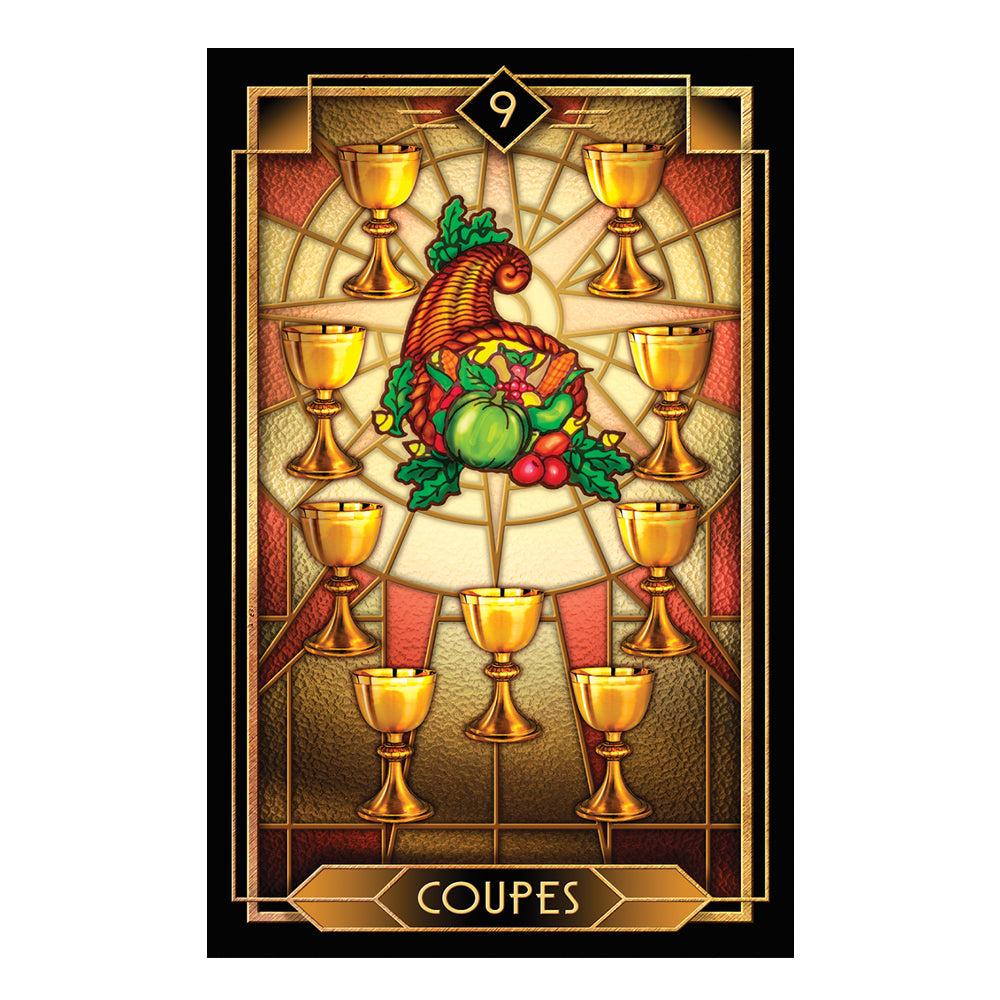 Tarot card with a colorful design featuring a figure and chalices, labeled 'Coupes'.