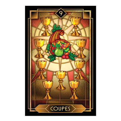Tarot card with a colorful design featuring a figure and chalices, labeled 'Coupes'.