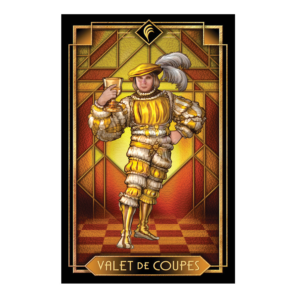 Card featuring a character in elaborate costume with 'Valet de Coupes' text