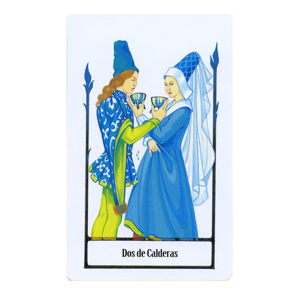 Tarot card featuring two figures in blue attire with a white background. Dos de Calderas. Two of cups.