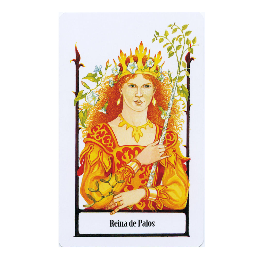 Card featuring a character with red hair and a crown, holding a staff, on a white background. Reina of Palos. Queen of Wands.
