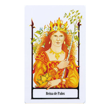 Card featuring a character with red hair and a crown, holding a staff, on a white background. Reina of Palos. Queen of Wands.