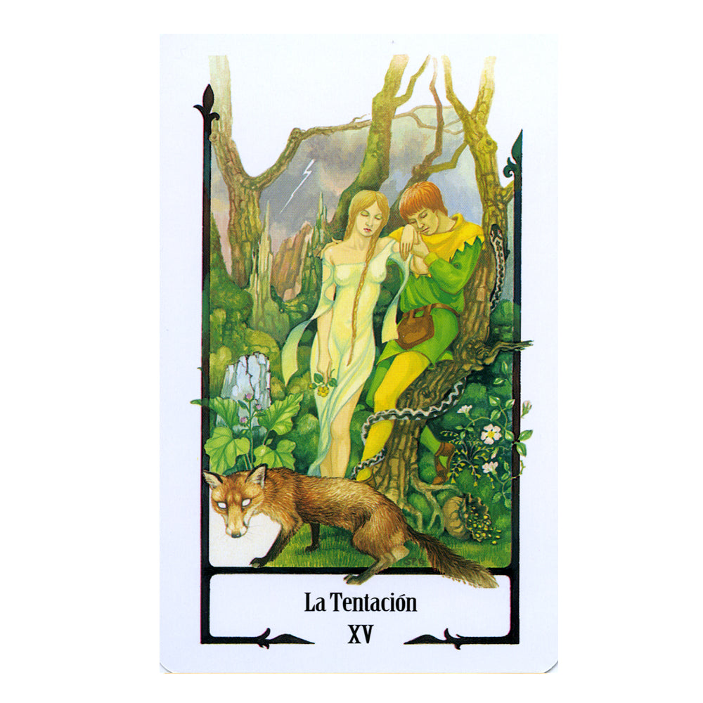 Tarot card titled 'La Tentacion' featuring two people in a forest with a fox.